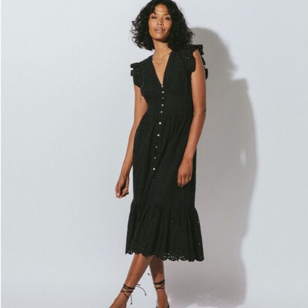 Cleobella Midi Dress Briella Women’s S Black Eyelet Ruffle Organic Cotton Boho